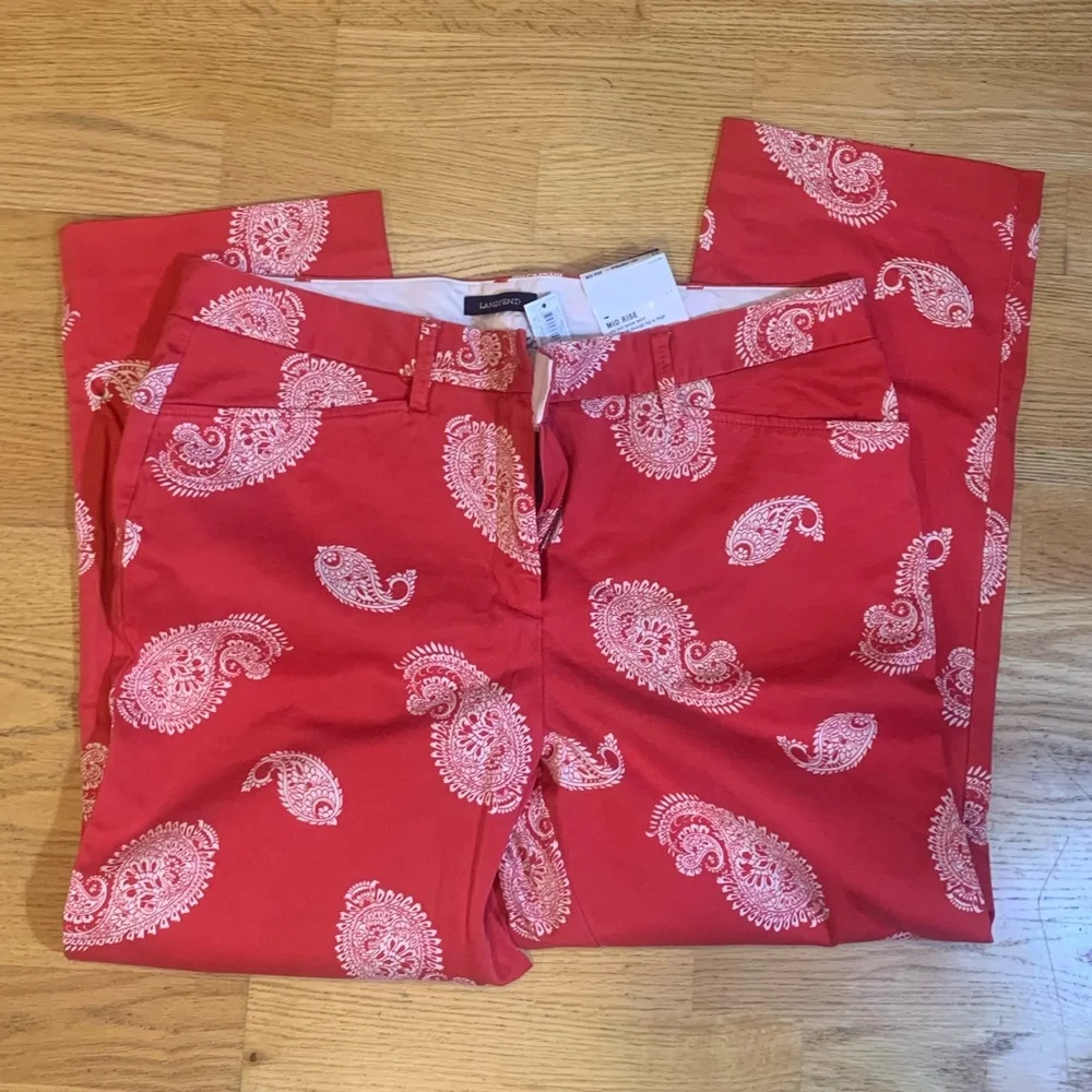 LANDS END Mid Rise/Straight Leg Pants Cherry Red Paisley Pattern Size 12 - Picture 4 of 4
